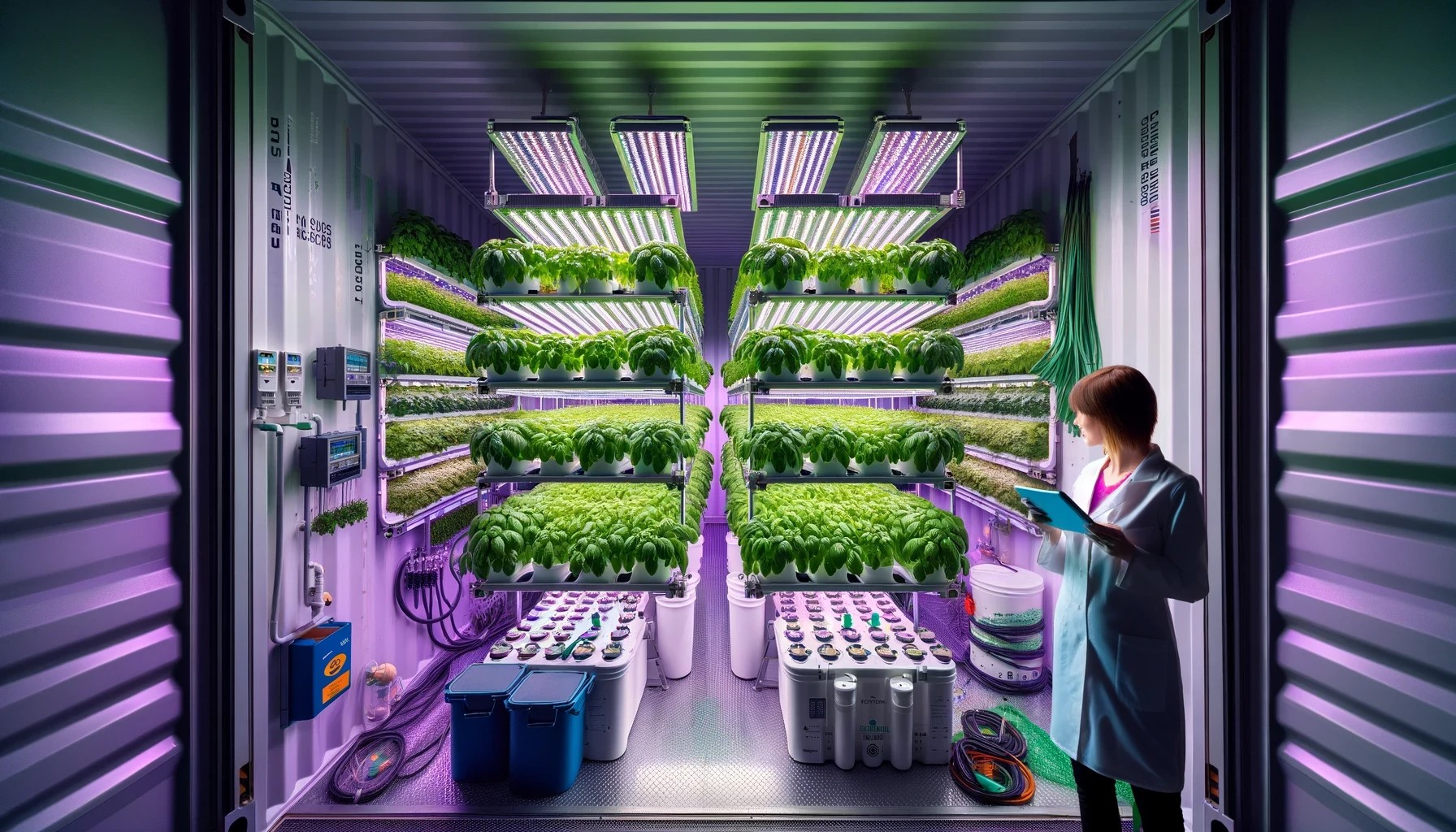 Mehrstöckige Pflanzenregale mit LED-Beleuchtung in einem Container für Vertical Farming; eine Person kontrolliert Pflanzenwachstum mit einem Tablet.
