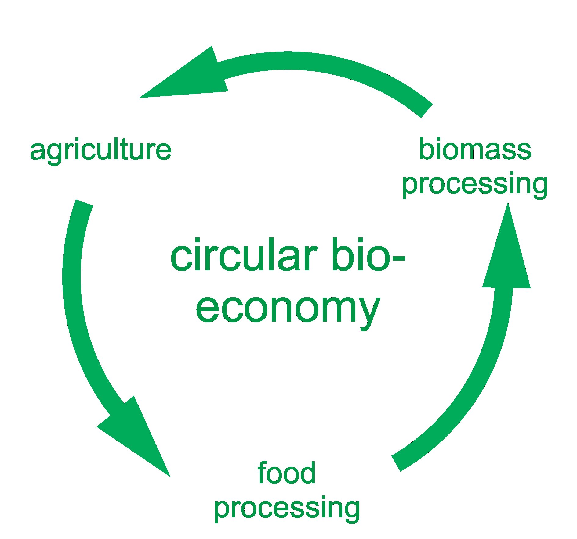 Circular diagram: "circular bio-economy", with 3 steps: agriculture to food processing, to biomass processing, to agriculture