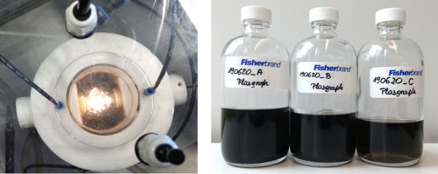 ILP-Reaktor mit sichtbarer Plasmazone sowie daneben Probenflaschen mit Produkten der Flüssigplasmasynthese.