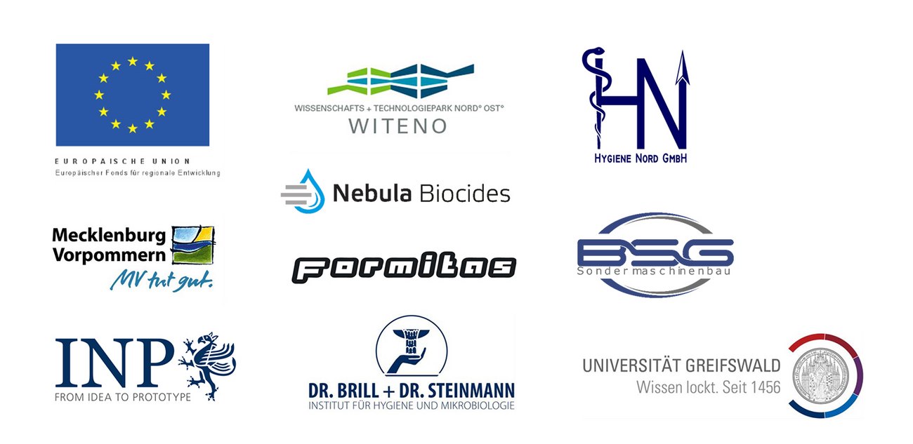 Logos der Projekt- und Förderpartner: Europäische Union, Witeno, Hygiene Nord GmbH, Mecklenburg-Vorpommern, Nebula Biocides, Formitas, BSG Sondermaschinenbau, INP, Dr. Brill + Dr. Steinmann sowie Universität Greifswald.