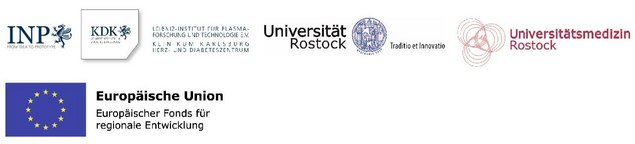 Logos der Projektpartner INP, KDK, Universität Rostock, Universitätsmedizin Rostock sowie EU-Förderhinweis (EFRE).