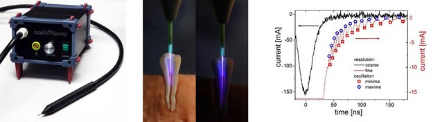 Messaufbau mit transienter Funkenentladung und zugehöriger Stromkurve zur Auswertung ionenakustischer Wellen.