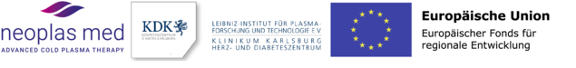 Logos von neoplas med, KDK Klinikum Karlsburg, INP und dem Europäischen Fonds für regionale Entwicklung.