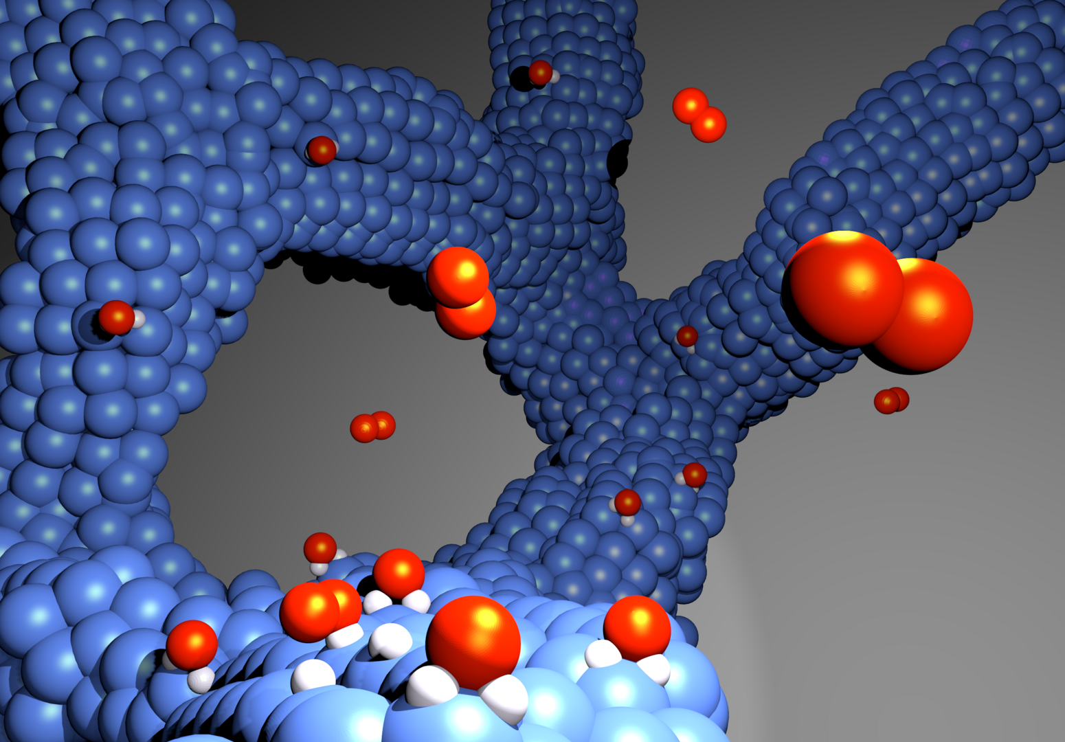 Visualisierung eines porösen Platin-Kobalt-Netzwerks mit modellierten Sauerstoffmolekülen zur Darstellung eines kohlenstofffreien Elektrokatalysators für Wasserstoff-Brennstoffzellen.