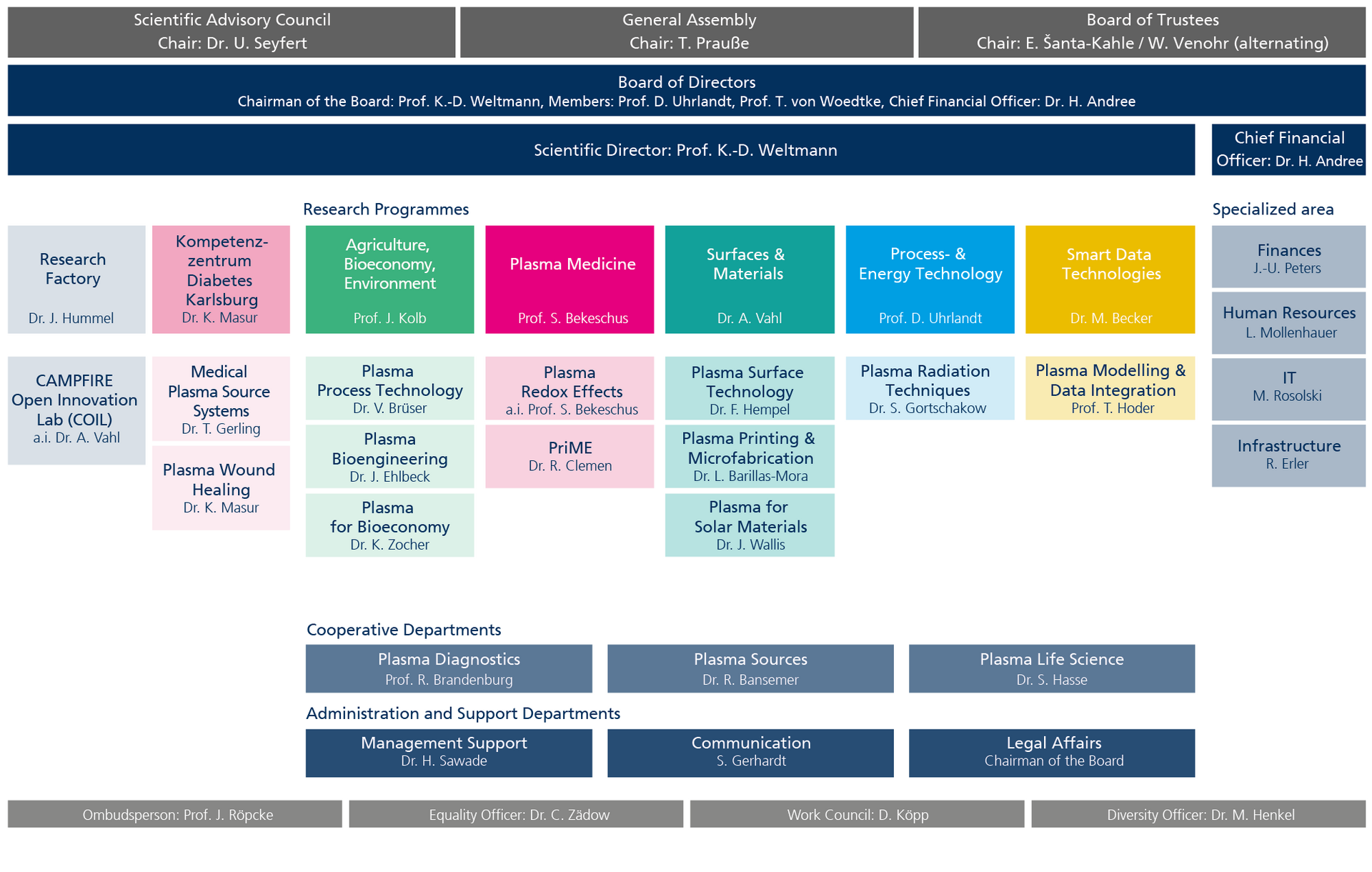 Organisational chart of the INP's institutional structure, including committees, executive board, research priorities, departments and cross-disciplinary areas.