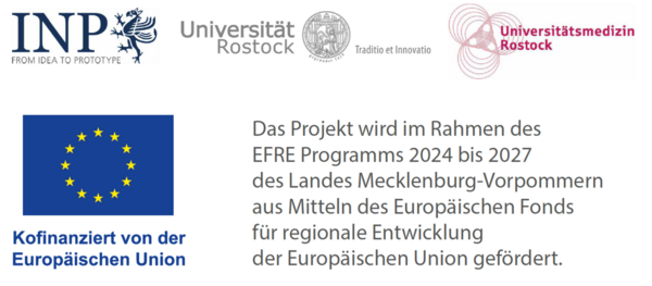Förder- und Partnertafel mit Hinweis auf die EFRE-Kofinanzierung sowie die Partner INP, Universität Rostock und Universitätsmedizin Rostock.