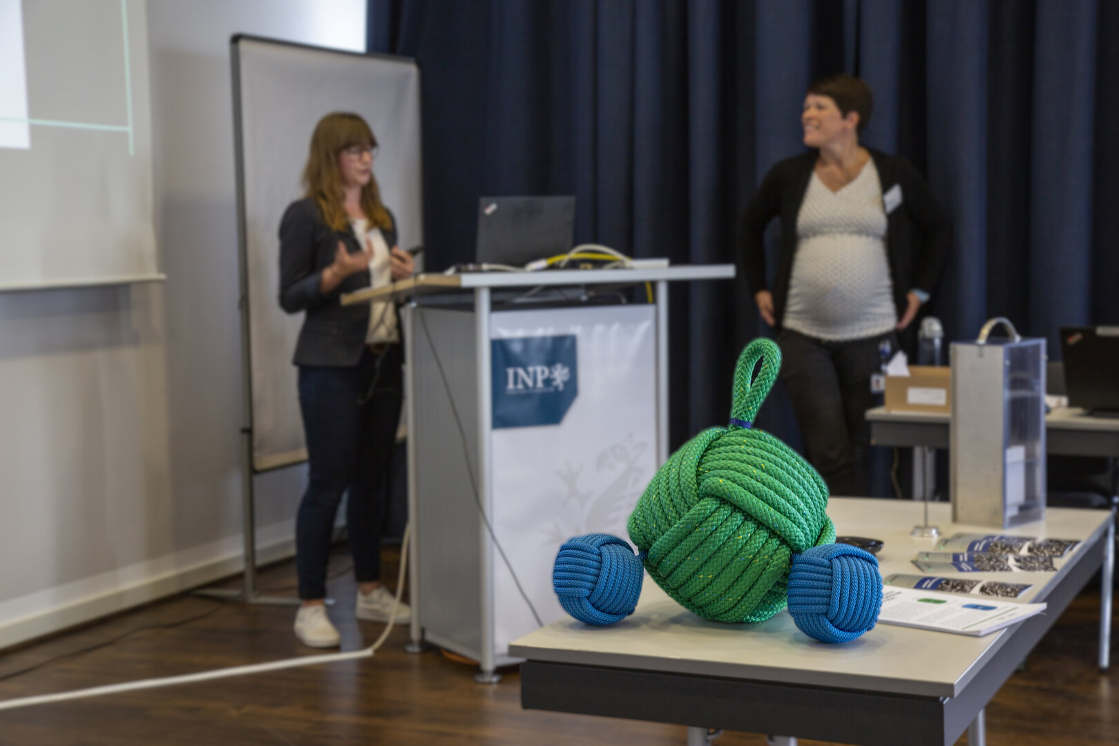 Kick-off-Meeting zum EU-Projekt HiPowAR am INP mit zwei präsentierenden Projektbeteiligten; im Vordergrund ein großes Molekülmodell aus Seilen.