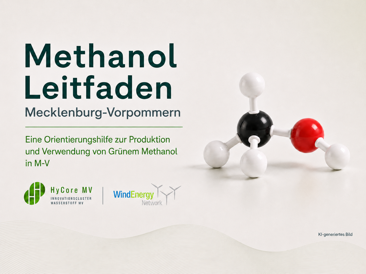Titelseite des „Methanol Leitfadens Mecklenburg-Vorpommern“ mit Molekülmodell und Logos von HyCore MV und WindEnergy Network.