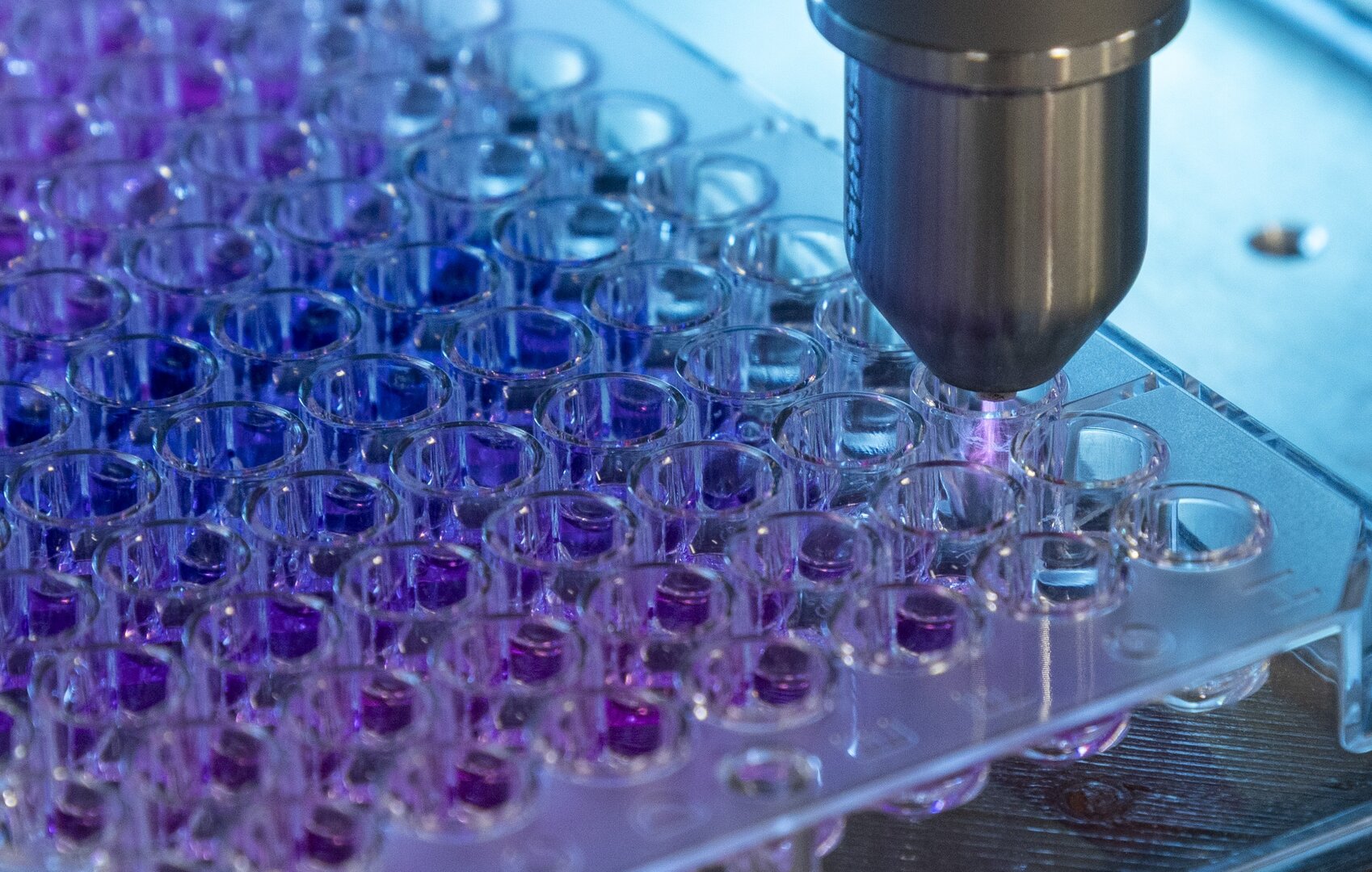 Argon-Plasmajet kINPen med behandelt Adenoviren-Proben in einer Multiwell-Platte im Labor.