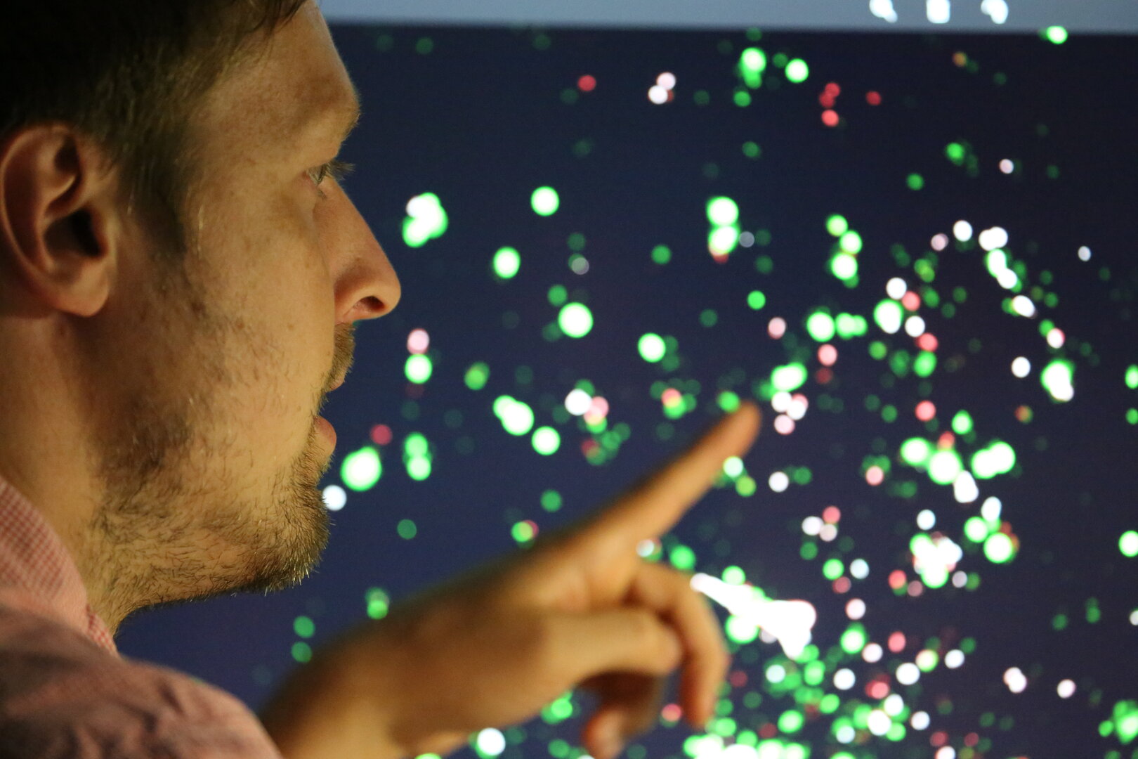 Dr. Sander Bekeschus zeigt auf eine mikroskopische Darstellung von Co-Kulturen aus Tumorzellen und Immunzellen.